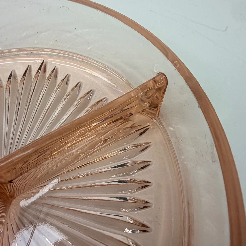 Vintage Pink Depression Glass 3 Part Divided Relish Dish Starburst 6.25 Inch